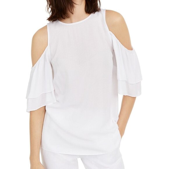 A153 Michael Kors Flounce-Sleeve Cold-Shoulder Top - Picture 1 of 2